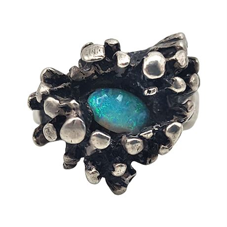 Handcrafted Sterling Silver Opal Brutalist Ring, Sz 4