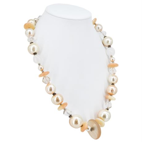 Vintage Chunky Faux Pearl & Faux Mother of Pearl Beaded Necklace