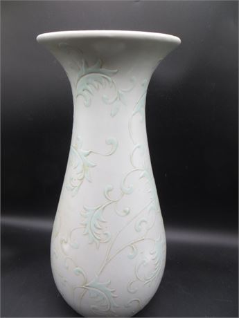 Tall White Vase w/Raised Green Leaves & Stems Celeon Tone on Tone