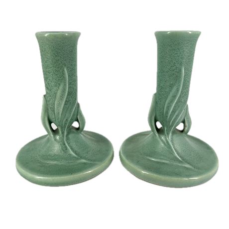 Vintage Pair of Roseville Pottery Crystal Green Deco Candlesticks