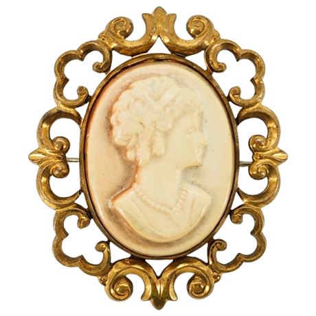 Vtg Molded Plastic Cameo Broch w/ Brass Frame