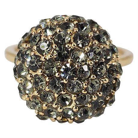 Gold Tone Smoke Gray Pave Set Rhinestone Ball Ring, Sz 8