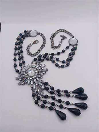 Vintage statement piece black bead rhinestone necklace 21 in dangles 5 in