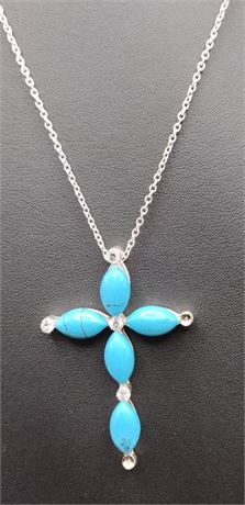 Silvertone faux turquoise cross necklace 18 in AS-IS