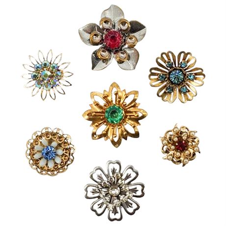 Seven Vtg Rhinestone Flower Brooches