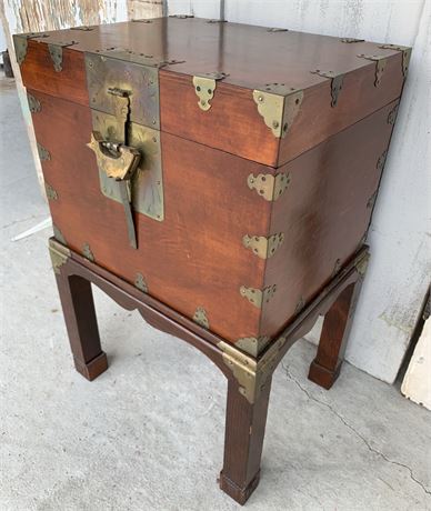 MCM Wood & Brass Asian Jewelry Box, Storage Trunk with Stand
