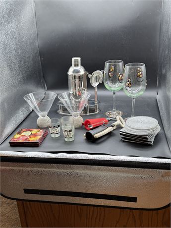 Bar Set, Wine & Shot Glasses & Martini Glasses & Coasters