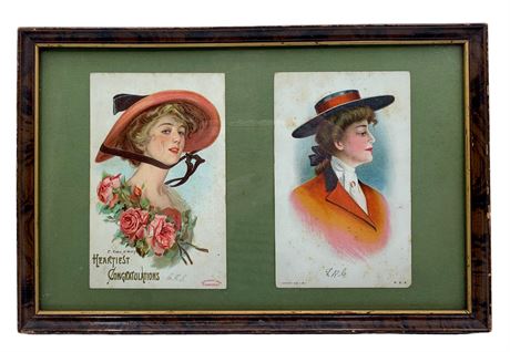 Antique Faux Woodgrain Framed Edwardian Beauty Postcards under Wavy Glass
