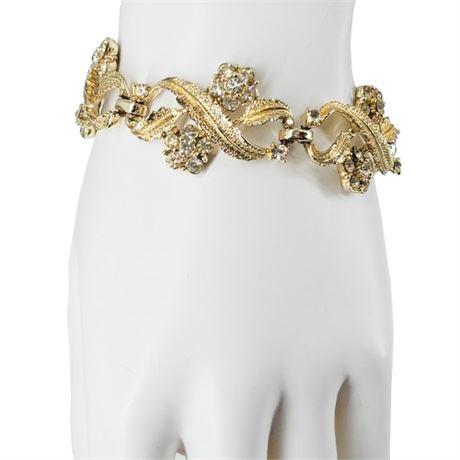 Vintage CORO Gold Tone Leaves & Rhinestone Flowers Bracelet