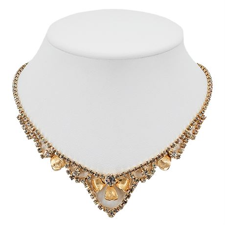 Vintage Gold Tone Floral Motif Prong Set Rhinestone Necklace