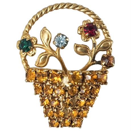 Vintage Rhinestone Flower Basket Brooch