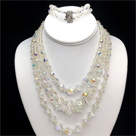 Vintage Multi-Strand Beaded Aurora Borealis Lot (2) Necklaces & (1) Bracelet