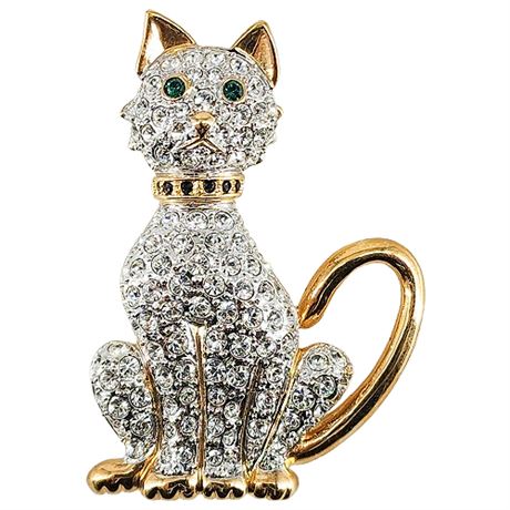 Vintage Gold Tone Pave Rhinestone Cat Brooch