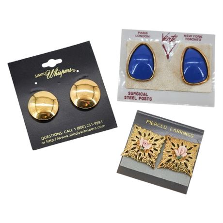Three Pairs Vintage New Old Stock Pierced Earrings