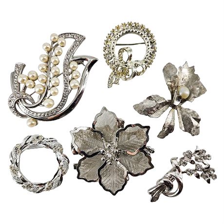 Vintage Silver Tone Brooches Lot
