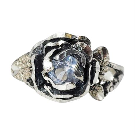 Vintage Black Hills Sterling Silver Rose White Topaz Ring, Sz 5.5
