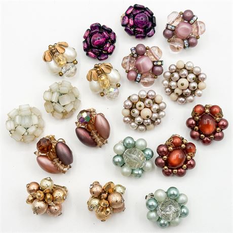 Lot of 9 Pairs Vintage Cluster Bead Clip-On Earrings