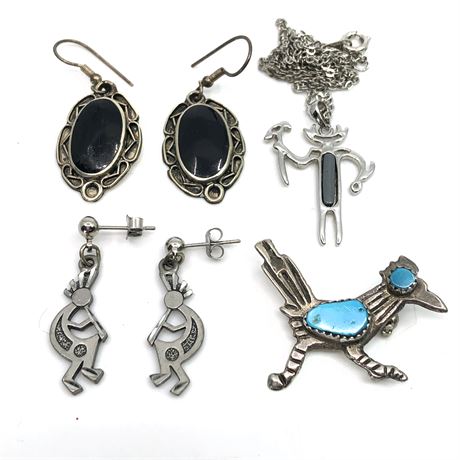 Vintage Kokopelli Earrings, Alpaca Silver, Kachina Necklace, Roadrunner Pin