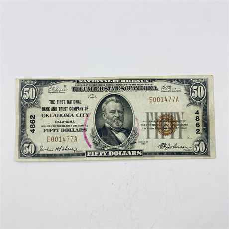Crisp 1929 $50 Oklahoma City First Ntl Bank and Loan Banknote LOW SERIAL