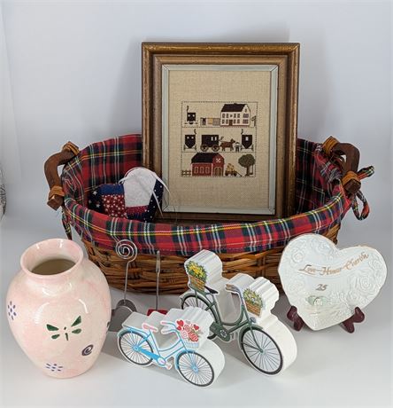 Basket Lot w/ Amish Cross Stitch Picture Framed 10.5" + Vase 6" T + Decor