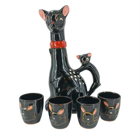 Vintage Japanese Sake Set, Redware Black Deer and Matching Cups