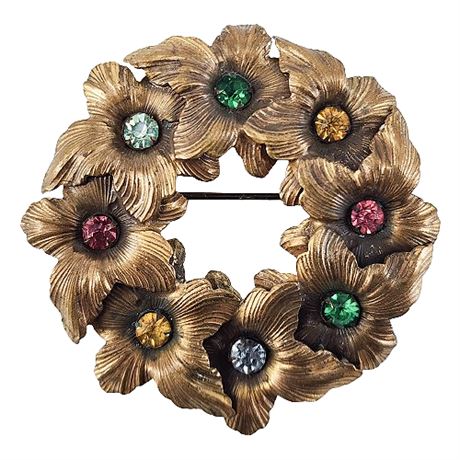 Art Nouveau Rhinestone Flower Wreath Brooch