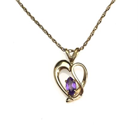 Vintage 14k GF Gold Filled Purple Amethyst Stone Heart Pendant Necklace