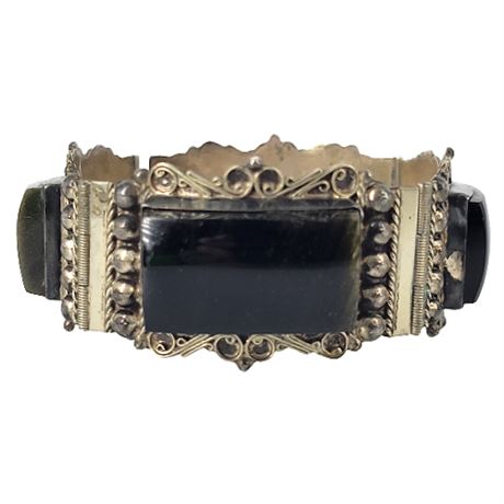 Signed Vintage Mexican Sterling Silver Obsidian Bracelet
