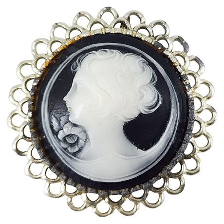 Vintage Black & White Acrylic Cameo Brooch