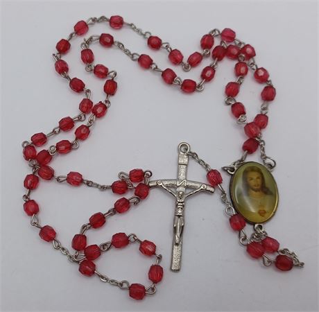 Vintage rosary dark pink beads picture of Jesus and crucifix