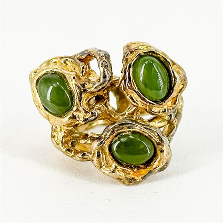 Vintage Gold Tone and Green Gemstone Abstract Ring