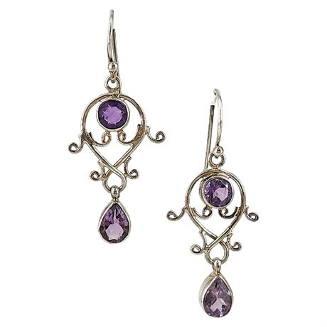 Sterling Silver & Amethyst Scrollwork Earrings