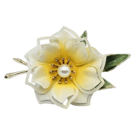 Vintage  Enamel Flower Power Brooch w/ Faux Pearl Center