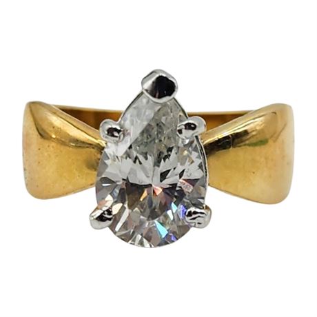 Signed 18KT Gold Electroplated Pear Shaped Crystal Ring, Sz 9