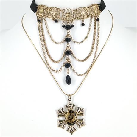 Dark Romance Necklace and Choker Set - Ornate Gold Choker and Koi Pendant