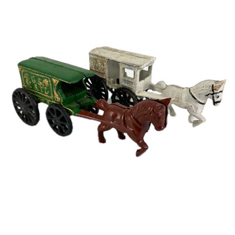 Pair of Vintage Cast Iron Horse & Buggy Figurines