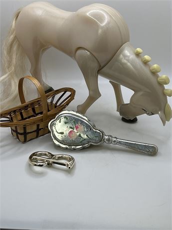 Misc toy, horse, baby brush basket, broach lot