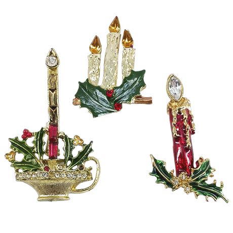 Holiday Candlelight Vintage Brooch Trio - Christmas Candles, Holly, Rhinestone