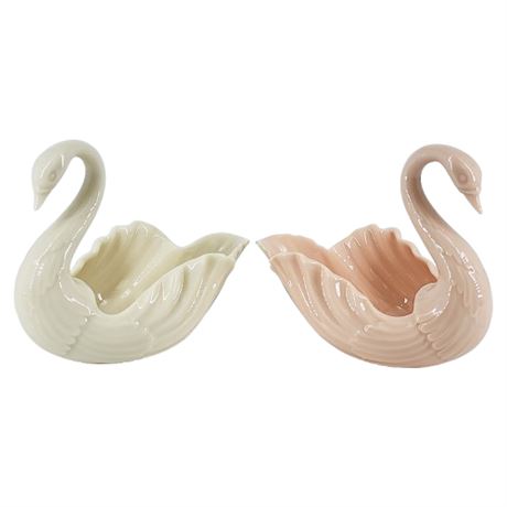 Pair Vintage LENOX 3" Swan Form Bowls w/ Open Tail, Green Stamps