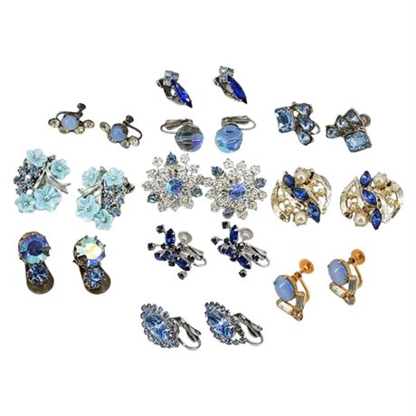 Eleven Pairs Vintage Blue Rhinestone Clip Earrings