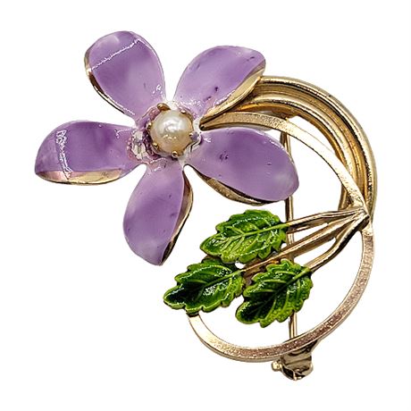 Vintage Enamel Flower w/ Genuine Pearl Brooch