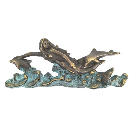 Vintage Brass Mermaid Wall Hook Rack – Dolphins Nautical Key Holder with Verdigr
