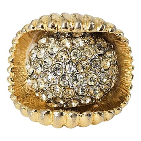 Vintage Gold Tone Pave Set Rhinestone Statement Ring, Adjustable