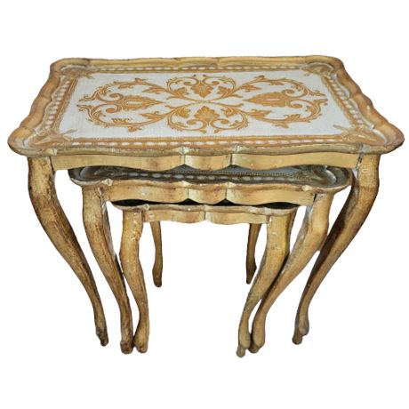 Florentine Italy Nesting Set of 3 Gold & Cream Floral Resin Tables