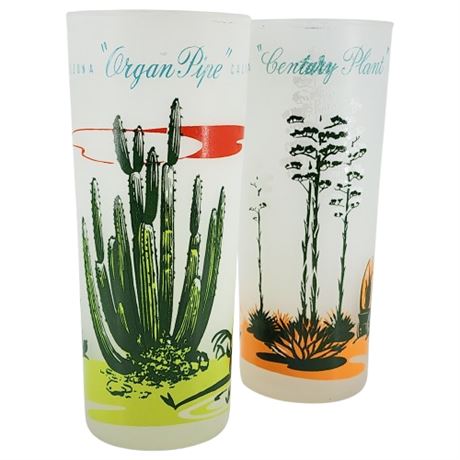 Pair Vintage Anchor Hocking Frosted Arizona Cactus Highball Glasses