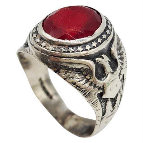 Vintage Sterling Silver Eagle Ring w/ Red Glass Stone, Sz 9
