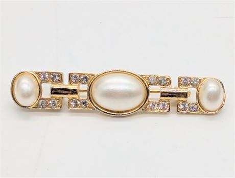 1928 Victorian Style Gold-tone Brooch/Pin Faux Pearl Rhinestones