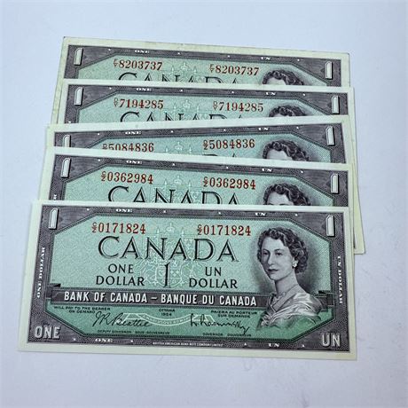 5 UNC 1954 Canada $1 Notes