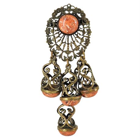 Vintage Gold Tone Filigree & Salmon Plastic Fob Charms Brooch