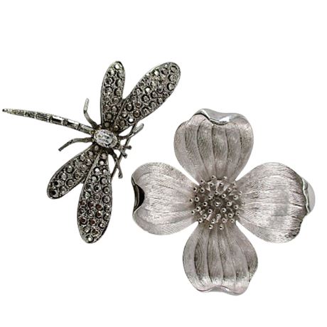 Lot of 2 VTG Silver Tone Metal Brooches~ Dogwood & Dragonfly ~ Trifari & Lia